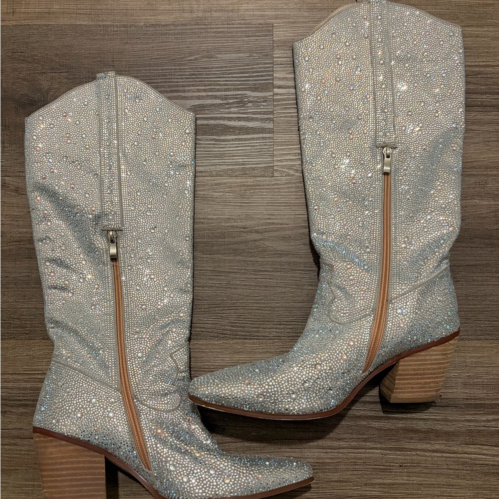 Silver Rhinestone Embellished Women's Boots